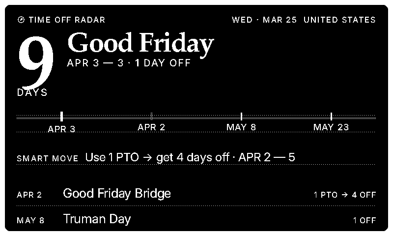 TRMNL | Time Off Radar: Your Next Real Break plugin